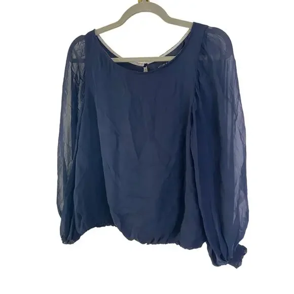 Alice + Olivia 100% Silk Sheer Blouson Sleeves Blouse Navy Blue Size MEDIUM